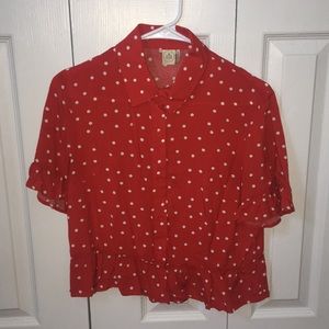 button up collared red and white polka dot top